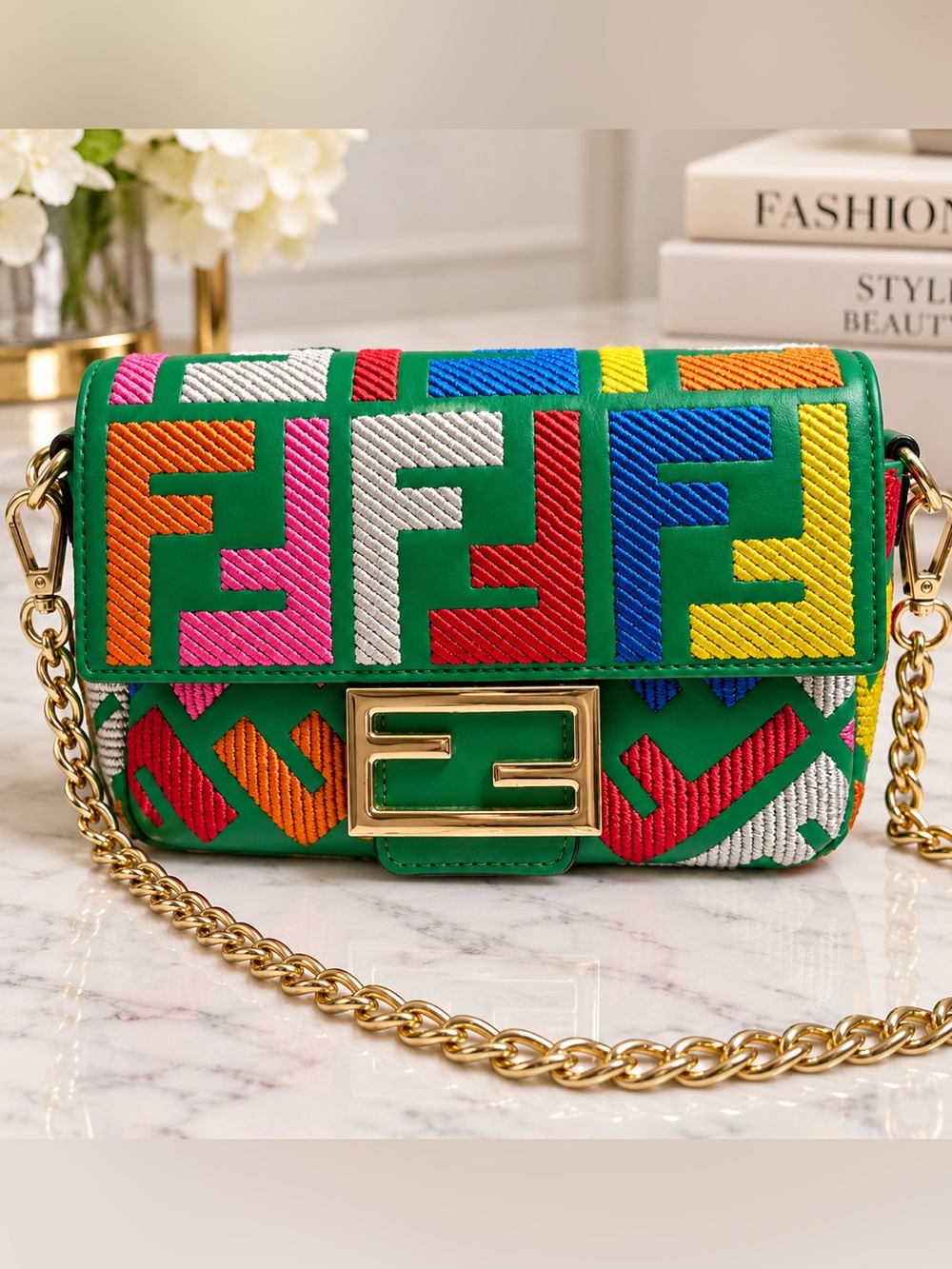 Green Multicolor FF Embroidered Mini Crossbody with Gold Chain